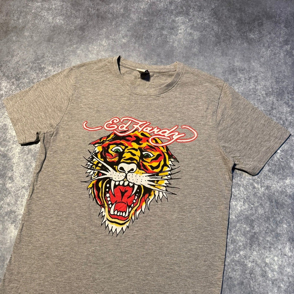 Y2K Kids Ed Hardy‎ Tiger Graphic T Shirt Gray Youth XL Adult Small